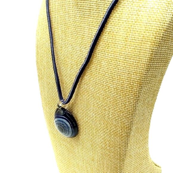 Evil Eye Necklace, Navy Blue Evil Eye Glass Disc Pendant On Black Cord - Picture 4 of 12